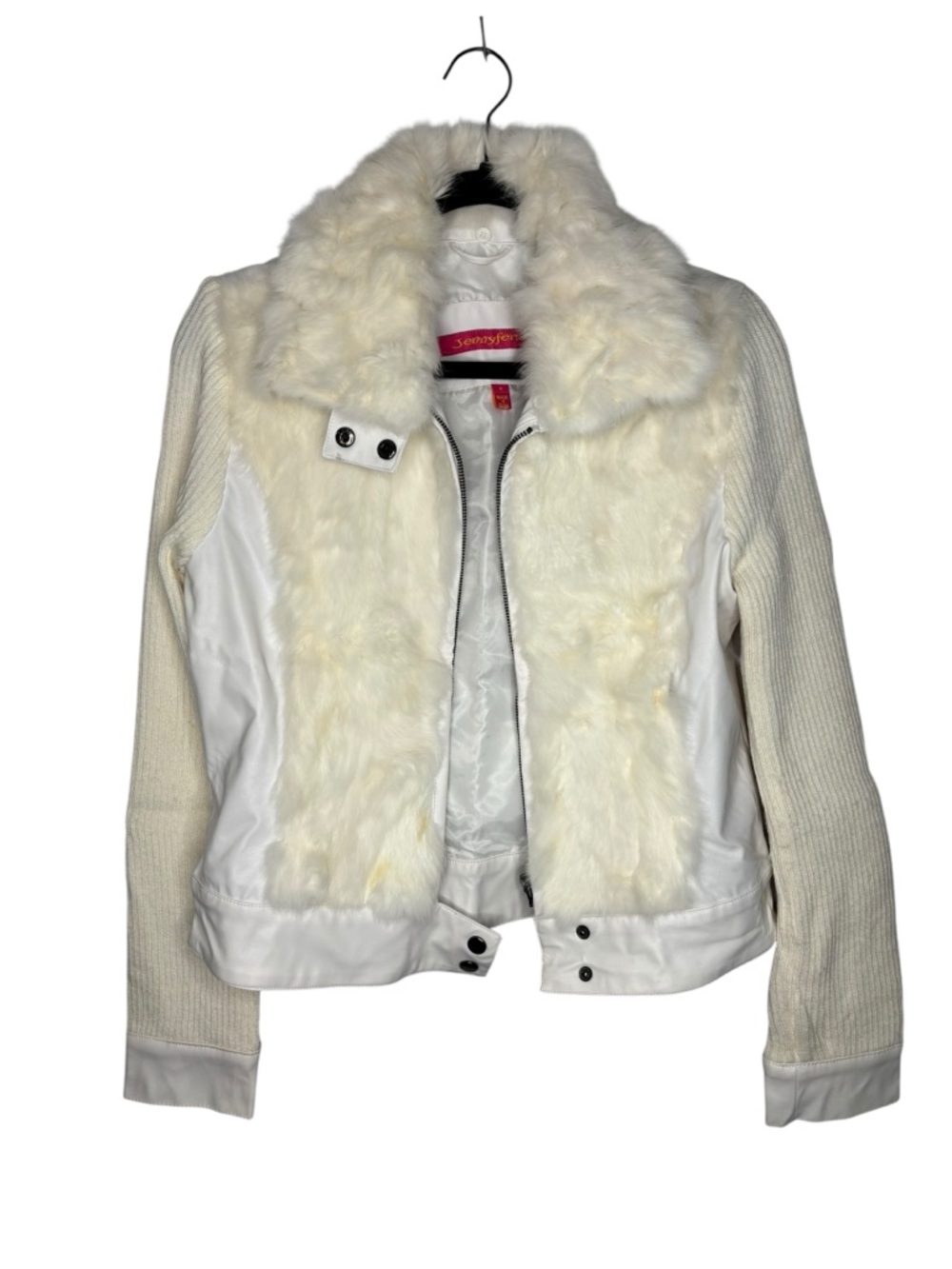 Y2K Jennyfer J Women's Moto Jacket Cream/White Rabbit Fur Leather Knit Jacket M - Picture 2 of 14